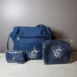 Embroidered Blue Denim Women's Bag Set